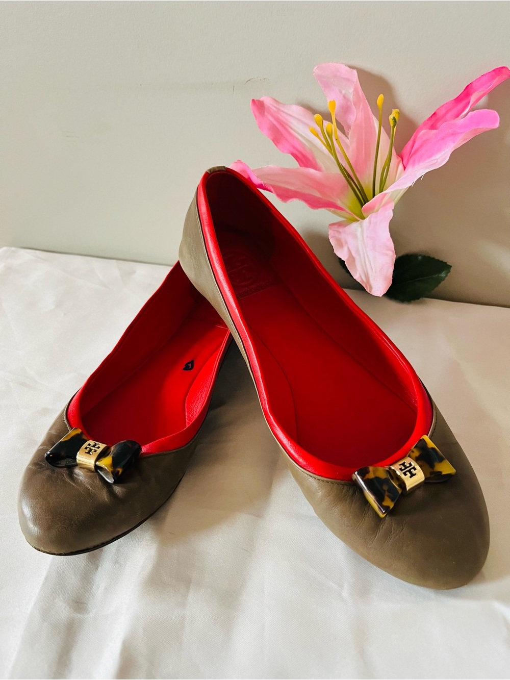 Tory Burch Taupe Ballet Flats with Red Interior and Bow Accent